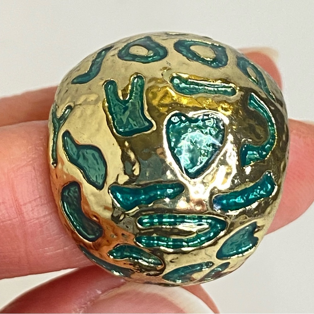 Vintage Green Enamel Gold Tone Textured Dome Expandable Stretch Statement‎ Ring - Picture 6 of 8